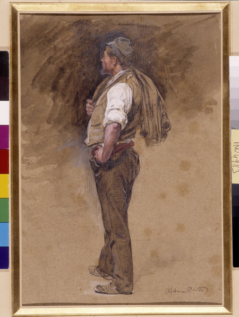农民把外套披在头上。阿尔方斯-穆特（Alphonse Moutte，1840-1913 年）的画作，必须提及：普罗旺斯基金会收藏，马赛（尺寸：27x18 厘米） 作者 阿方斯·穆特