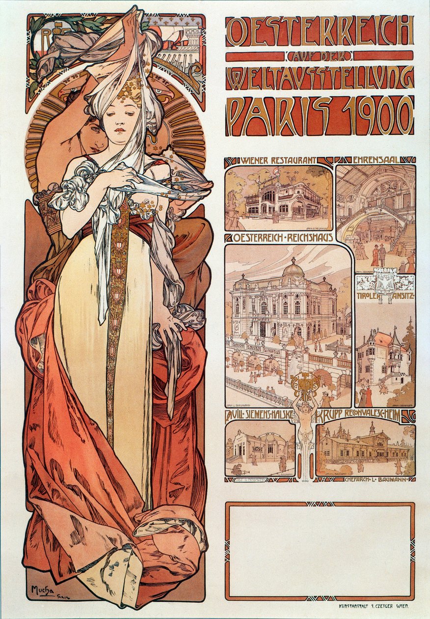 Alphonse Mucha（1860-1939）为奥地利制作的广告海报代表1900年巴黎世界博览会 -  Dim 68x98,5 cm由Alphonse Mucha为“奥地利”展览的广告海报 作者 阿方斯·慕夏