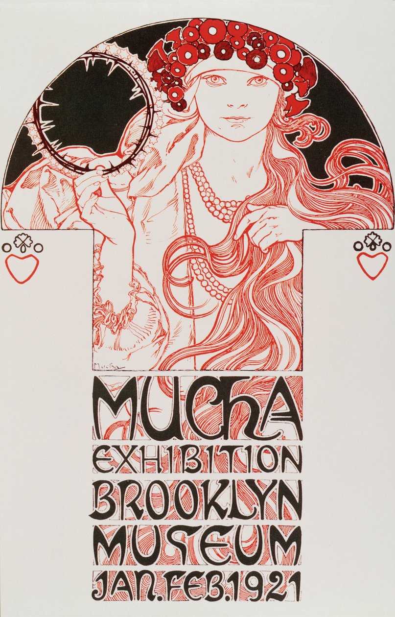 Alphonse Mucha（1860-1939）为“Mucha Exhibition，布鲁克林博物馆”制作的广告海报，1921年 -  Alphonse Mucha在纽约布鲁克林博物馆举办的Mucha展览广告海报，1921年Dim 作者 阿方斯·慕夏
