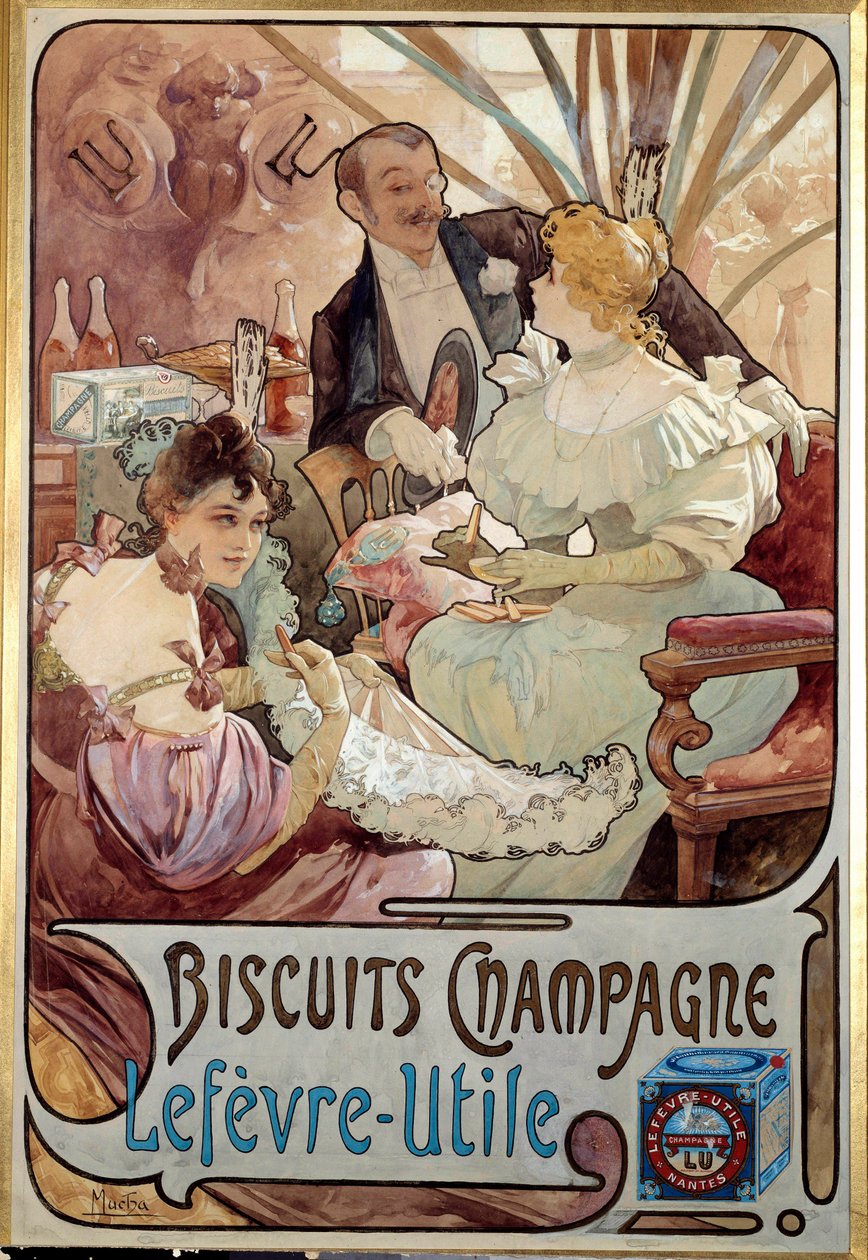 新艺术：Lefevre Utile公司生产的香槟饼干的广告海报，作者Alphonse Mucha (1860-1939) 1897 - 新艺术：Lefevre-Utile公司生产的香槟饼干的广告海报，作者Alphonse Mucha (1860-1939) 1897 作者 阿方斯·慕夏