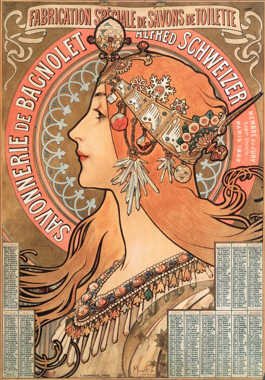 1898年的日历页面由Alphonse Mucha（1860-1939）为肥皂公司Savonnerie de Bagnolet Alfred Schweizer制作的广告插图 -  Alphons的广告插图（ 作者 阿方斯·慕夏
