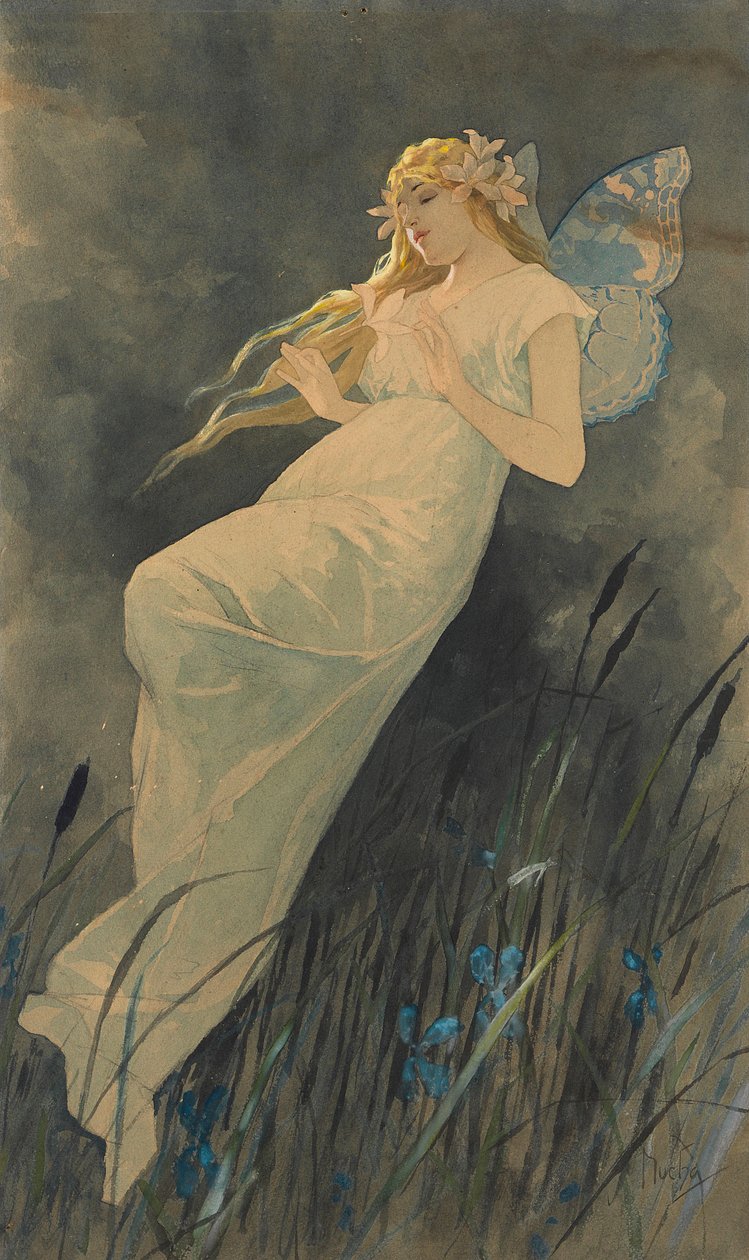 精灵与鸢尾花，ca。 1886-1890。 作者 阿方斯·慕夏