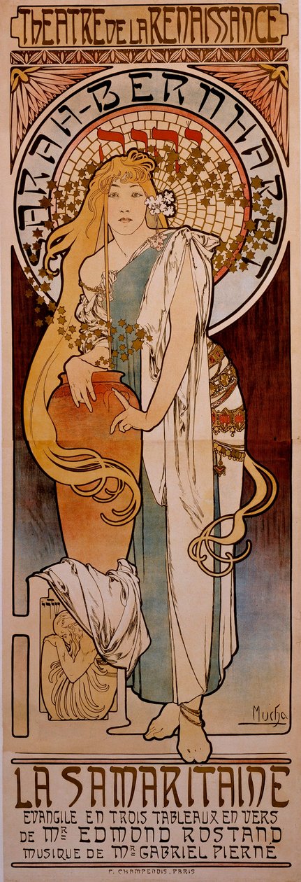 1897 年，亨丽埃特·罗辛·伯纳德 (Henriette Rosine Bernard) 和莎拉·伯恩哈特 (Sarah Bernhardt，1844-1923 年) 在文艺复兴剧院 (Theatre de la Renaissance) 表演了 Edmond Rostand 的作品“La Samaritaine”的海报。 Alphonse Mucha (1860-1939) 1897 年的绘画 作者 阿方斯·慕夏