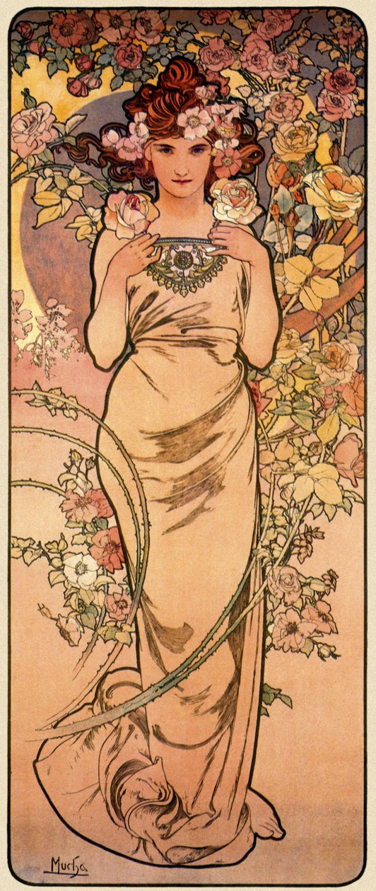 玫瑰，来自1897年的四朵花系列 作者 阿方斯·慕夏