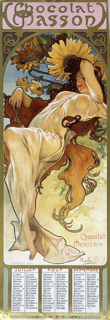 秋天心情的女人 - 穆夏着，日历“”Chocolat Mexicain Chocolat Masson”，1897 年 7 月、8 月、9 月。 作者 阿方斯·慕夏