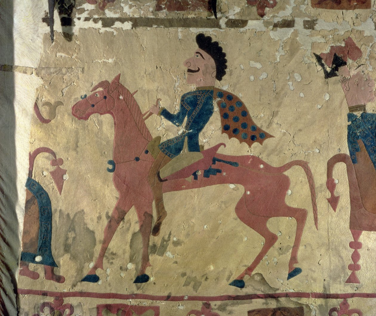地毯描绘一位骑士，来自Pazyryk Burial Mounds，公元前5世纪至4世纪（纺织品） 作者 阿尔泰学校