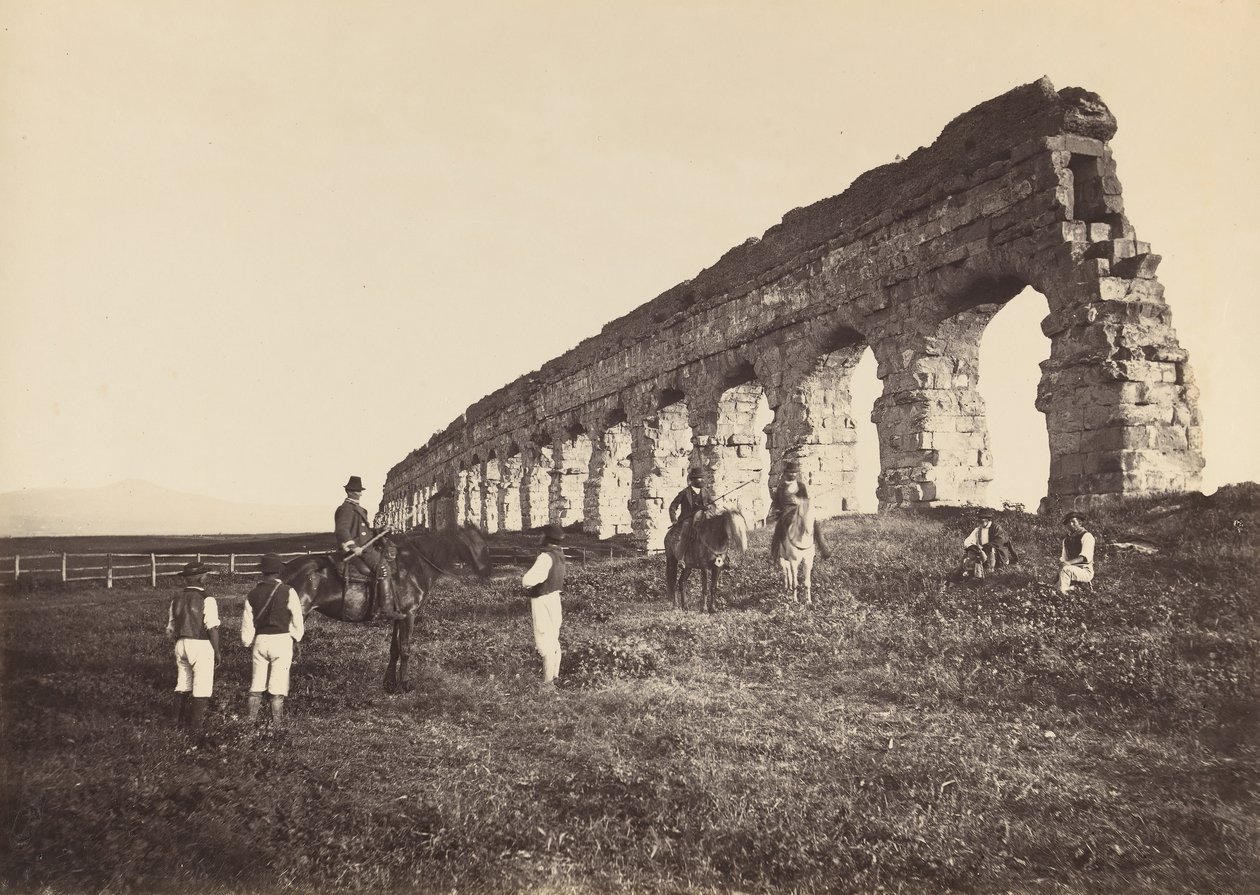 [罗马水渠边骑马的人]，1860年代。 作者 阿尔托贝利和莫林斯。