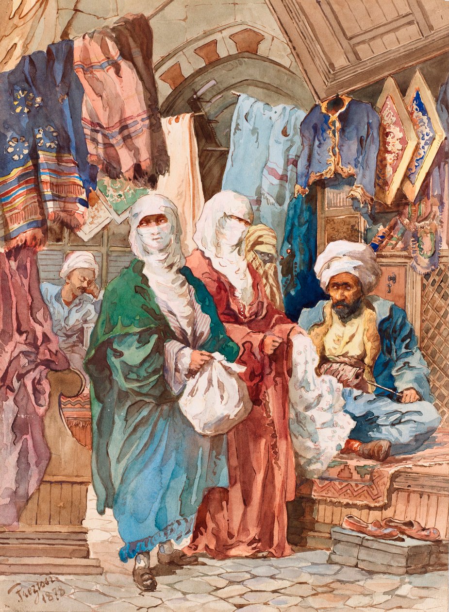 丝绸集市 - 作者：阿米迪奥-普雷齐奥（1816-1882 年），纸上水彩画（41x30 厘米） - 伊斯坦布尔佩拉博物馆 作者 阿马德奥·普雷齐奥西