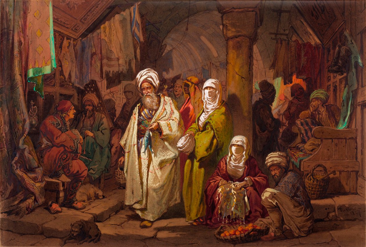 Le grand bazar (souk, marche oriental) - The Grand Bazaar - 作者：Amedeo Preziosi（1816-1882 年）纸上水彩画（45.5x67 厘米） - 伊斯坦布尔佩拉博物馆 作者 阿马德奥·普雷齐奥西