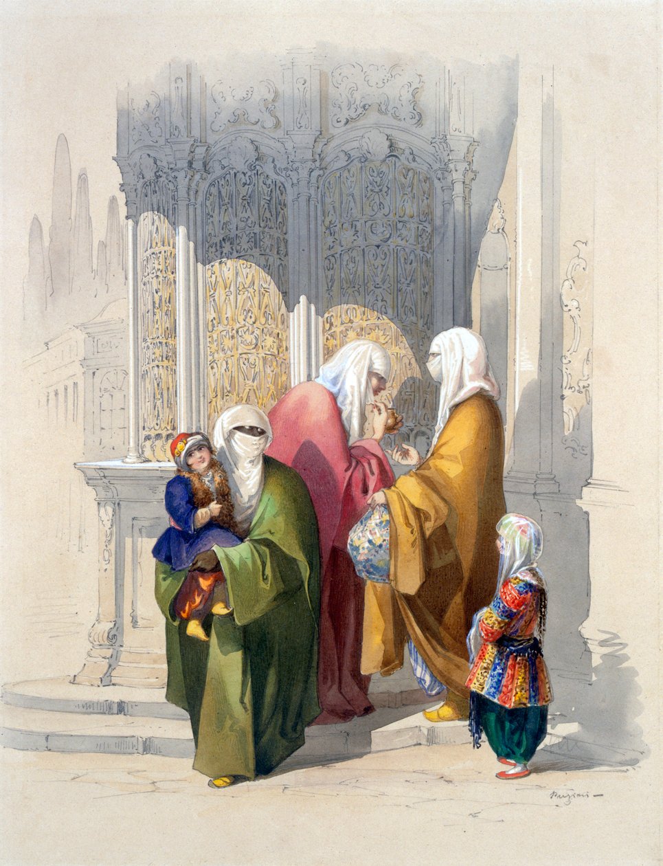 街头场景，路人包括一个贫穷的非洲黑人妇女和孩子，酒吧。1865. 作者 阿马德奥·普雷齐奥西