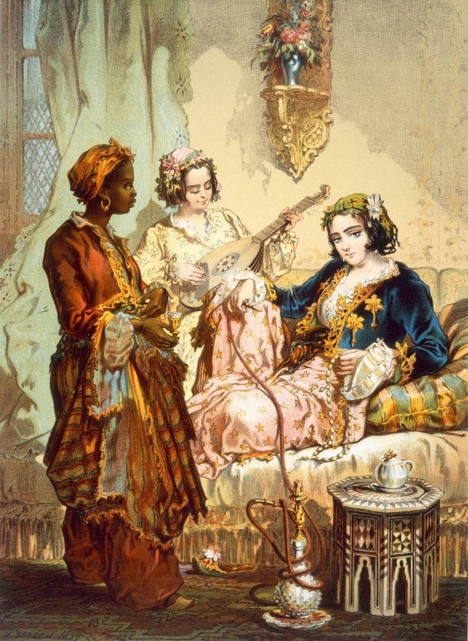 一杯咖啡：两个女人喝着咖啡，抽着泡泡糖，酒吧。1865. 作者 阿马德奥·普雷齐奥西