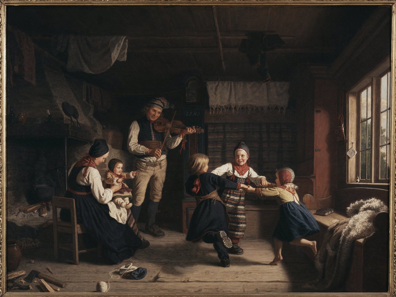 Dimanche soir dans une ferme de Dalecarlie - 星期天晚上在达拉纳的一个农舍，由Lindegren, Amalia (1814-1891)创作。布面油画 作者 阿玛莉亚·林德格伦（Amalia Lindegren）