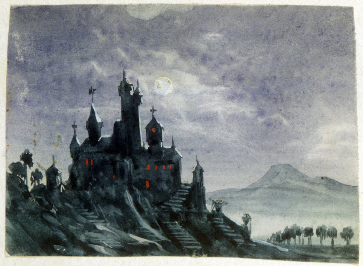 月光下的梦幻城堡"。水彩和水粉画。Aurore Amadine Lucie Dupin（1804-1876 年），法国小说家和女权主义者，曾以乔治-桑的名字写作。 作者 金刚砂杜平