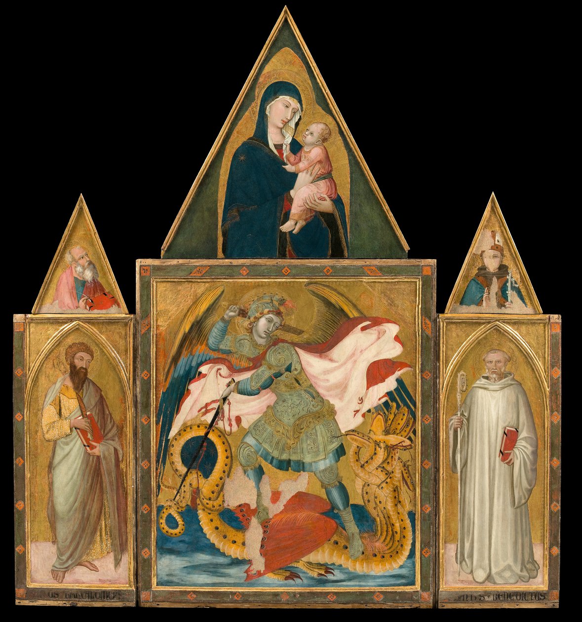 Ambrogio Lorenzetti  - 罗菲诺修道院Poliptych。圣迈克尔大天使在圣徒巴塞洛缪之间杀死龙 作者 安布罗乔·洛伦泽蒂
