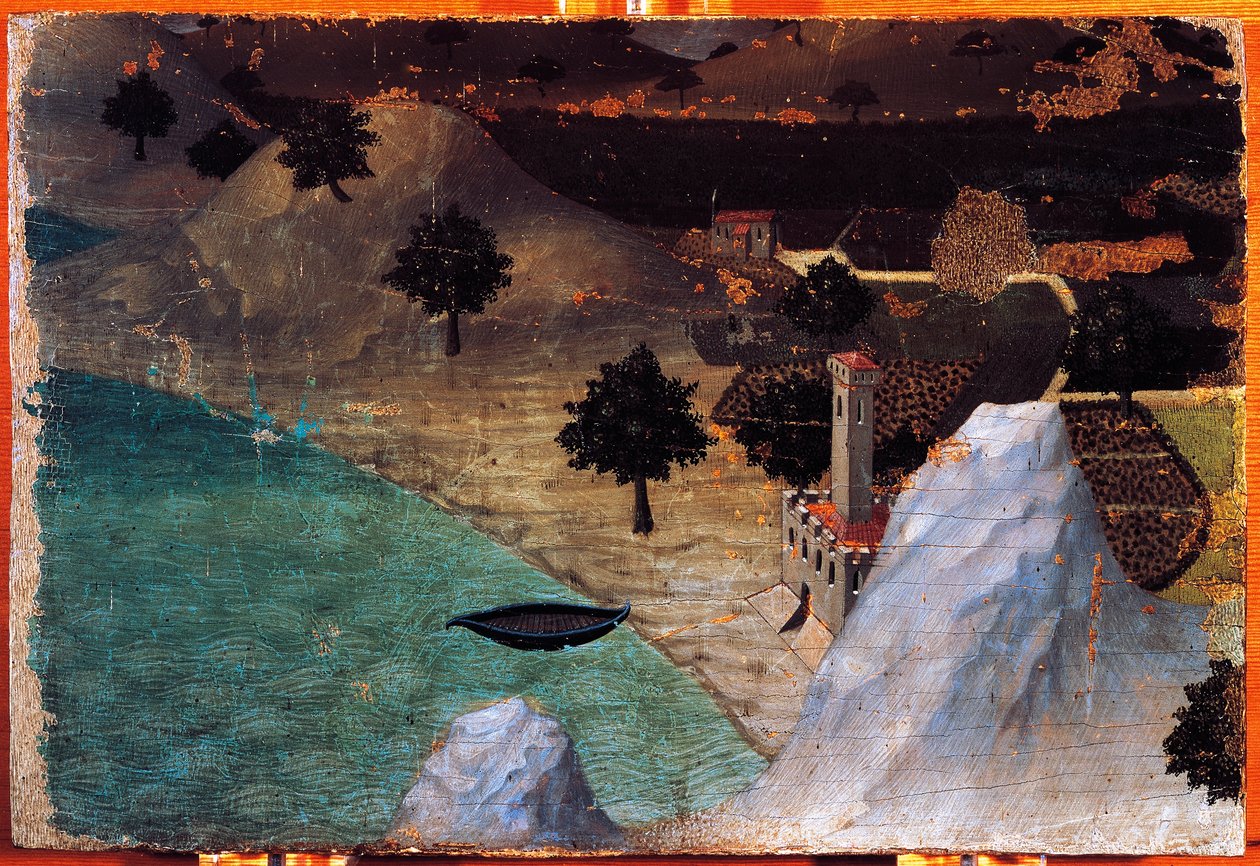 湖边的城堡，由Ambrogio Lorenzetti（1319-1347）创作，木板画，22x33厘米。 作者 安布罗乔·洛伦泽蒂
