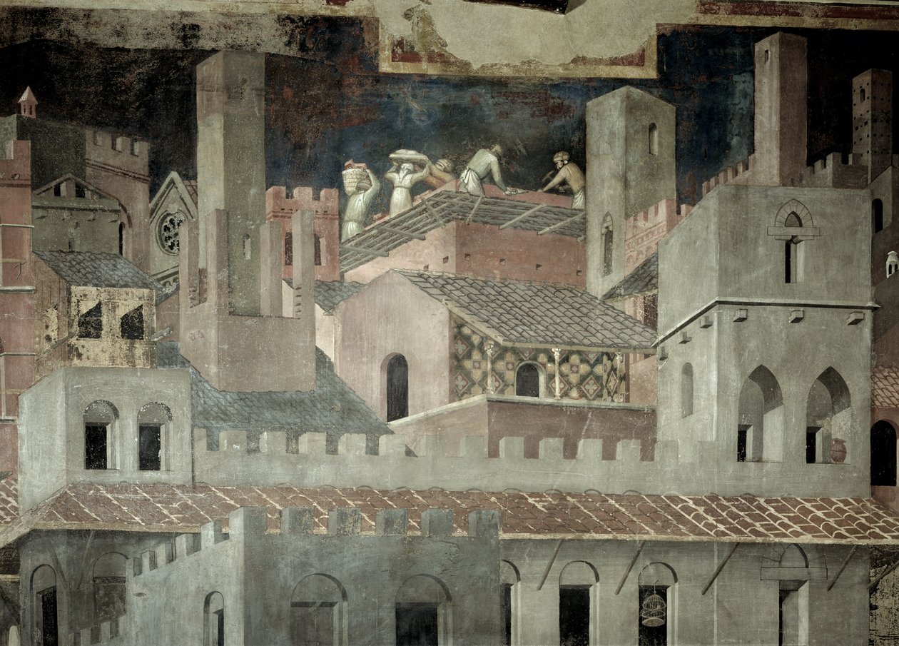 Effects of Good Government in the City, detail of architecture and construction of a house 作者 安布罗乔·洛伦泽蒂