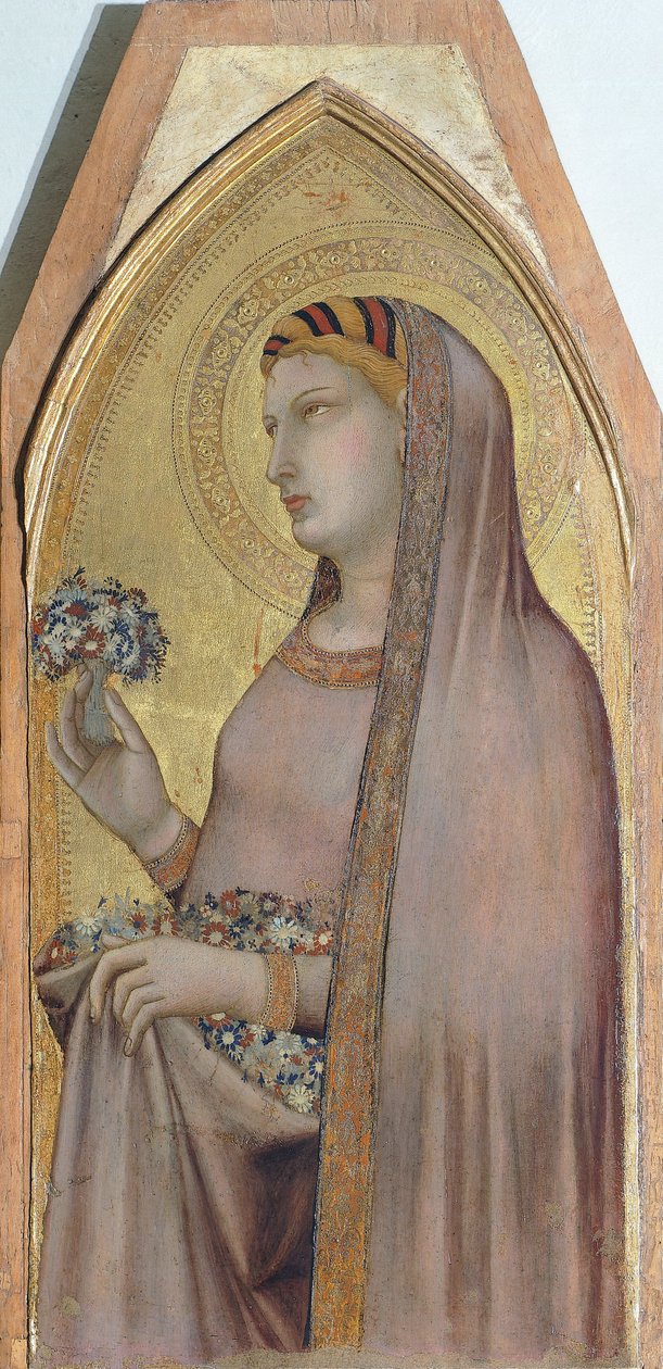 圣多萝西，Ambrogio Lorenzetti（1290-约1348）描绘圣母、圣婴和圣多萝西的三联画的细节，木板油画 作者 安布罗乔·洛伦泽蒂