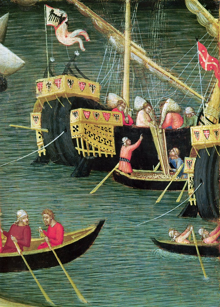 圣尼古拉斯从饥荒中保存米拉，船的细节，c.1327-32（面板上的蛋彩画） 作者 安布罗乔·洛伦泽蒂