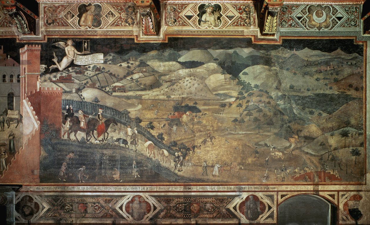 乡村（城市和乡村善治的影响细节） - Ambrogio Lorenzetti 的壁画（1285-1348？），390x810 厘米 作者 安布罗乔·洛伦泽蒂