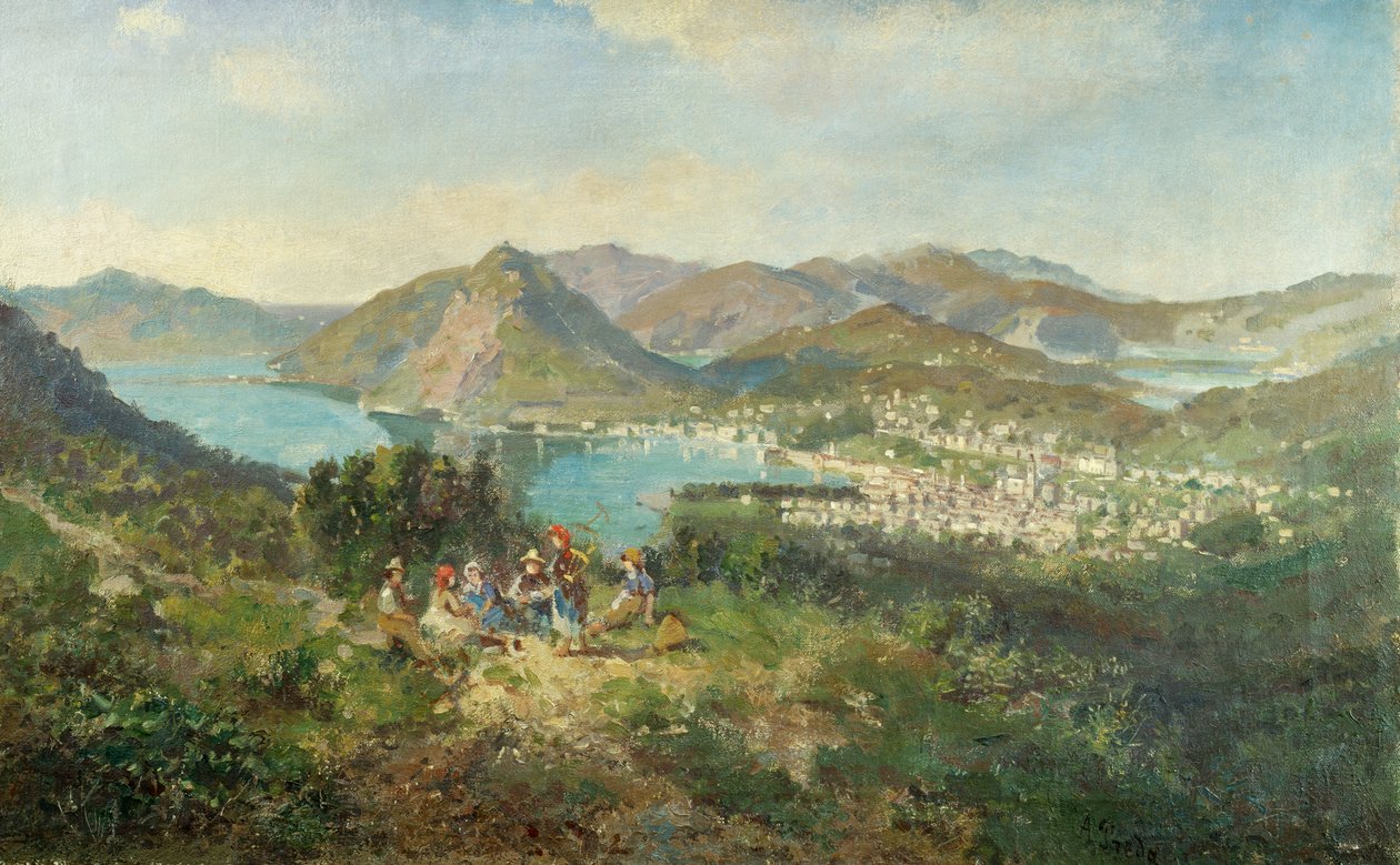 从Curreglia看到的卢加诺，由Ambrogio Preda（1839-1906）创作，布面油画，48x76厘米 作者 安布罗吉奥·普雷达（Ambrogio Preda）