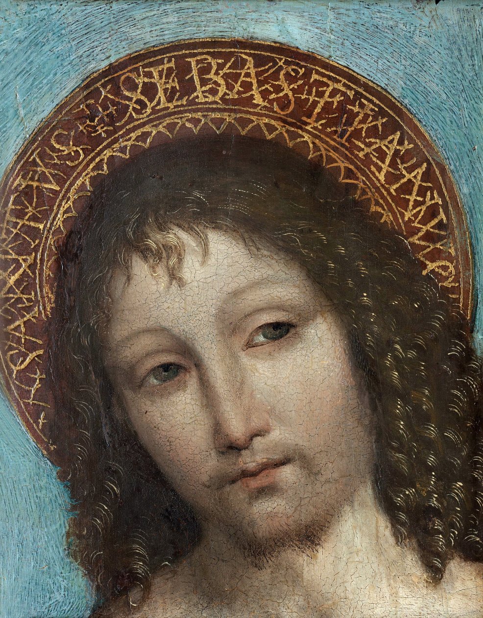 圣塞巴斯蒂安 - Ambrogio Stefani da Fossano（又名 il Bergognone 或 Borgognone (Le Bouguignon)，1453-1523 年）的画作，木板油画（23x18 厘米） - 圣塞巴斯蒂安，Ambrogio Bergognone 的木板油画，15 世纪末至 16 世纪初 - 私人收藏 作者 安布罗吉奥·达·福萨诺 (c.1460 1523)