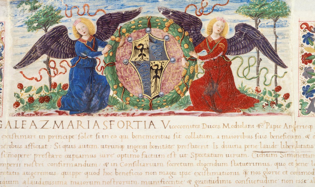 天使手持描绘斯福尔扎纹章的盾牌，由 Ambrogio Bergognone 缩影，来自手稿，意大利，1477 年。 作者 安布罗吉奥·达·福萨诺 (c.1460 1523)