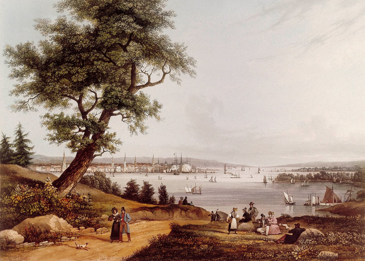 1840 年的纽约市景色。Louis Ambroise Garneray（1783-1857 年）的石版画。巴黎，B.N.B.N. 作者 安布罗斯·路易斯·加内雷