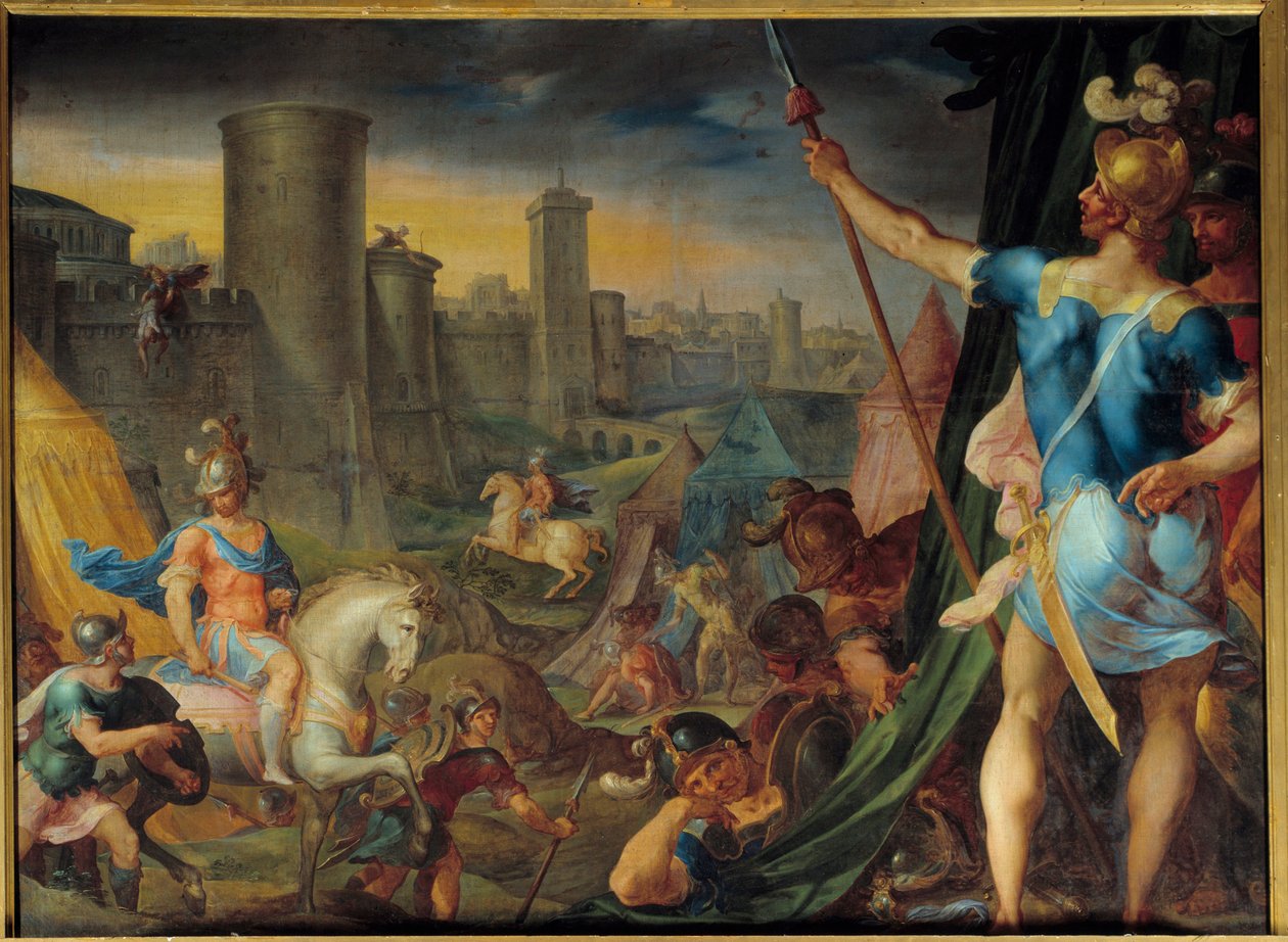 耶路撒冷前的croises营地 出自诗人Le Tasse (Il tasso)的 "Histoire de Tancrede et de Clorinde "系列，为 "La jerusalem delibree "作插图 绘画：Ambroise Dubois (1542-1614) 太阳。1,62 x 2,15 m 枫丹白露.查特阿 作者 安布罗斯·杜布瓦（Ambroise Dubois）