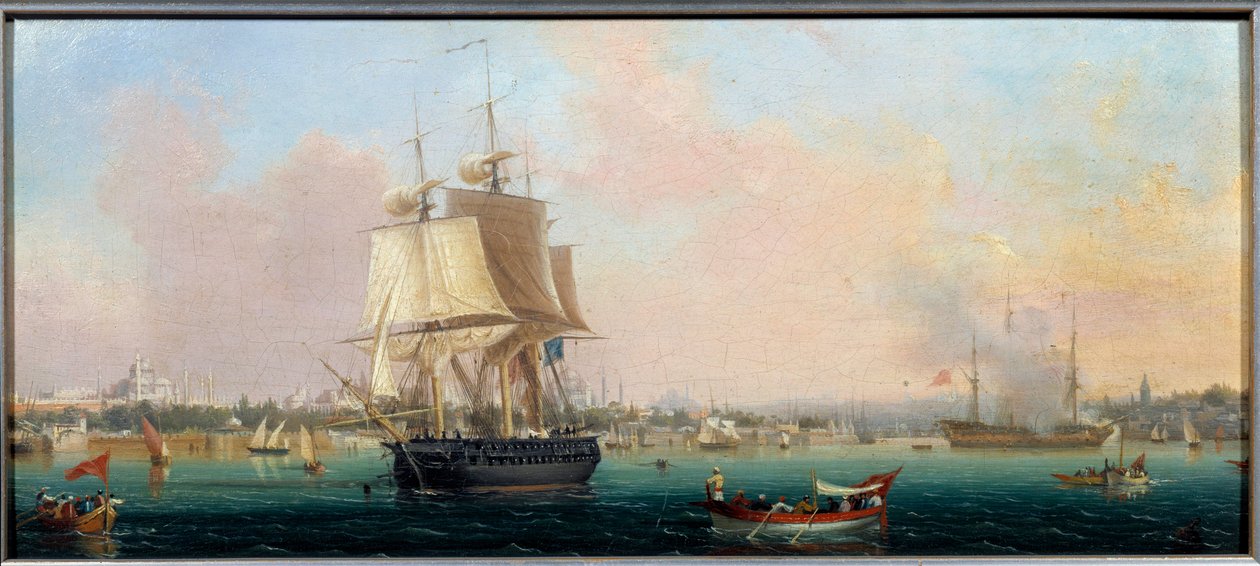 La Belle Choule Apparillant à Constantinople 画作，作者是Ambroise Louis Garneray (1783-1857) 19世纪 塞夫勒，瓷器厂 作者 安布罗斯·路易斯·加内雷