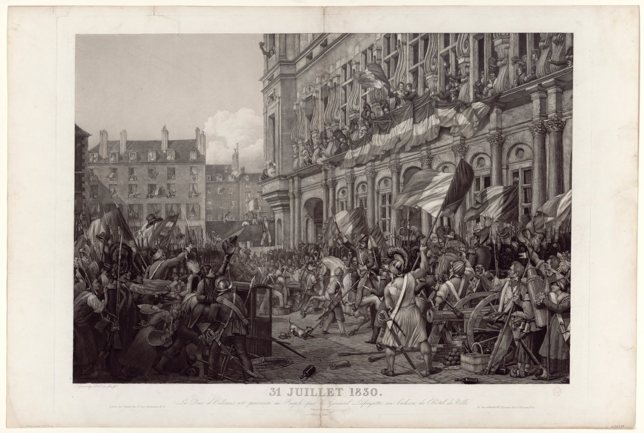 1830年7月31日，拉法耶特将军（General La Fayette）在凡尔赛宫（Hôtel de Ville）的阳台上向人民赠送了奥尔良公爵。 作者 安布罗斯·路易斯·加内雷