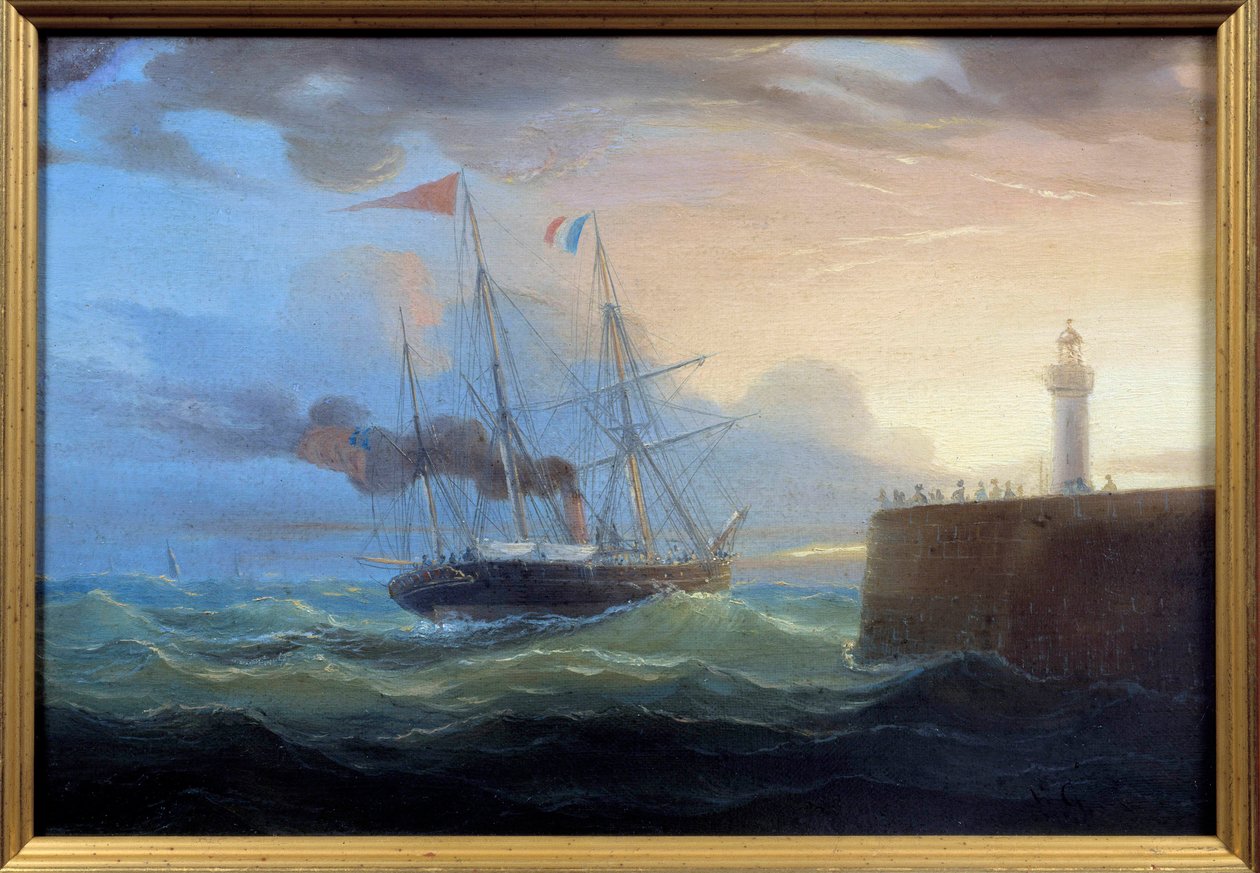 蒸汽离开海港 路易斯·加内雷（Louis Garneray，1783-1857 年）19 世纪费康的画作，纽芬兰博物馆 作者 安布罗斯·路易斯·加内雷