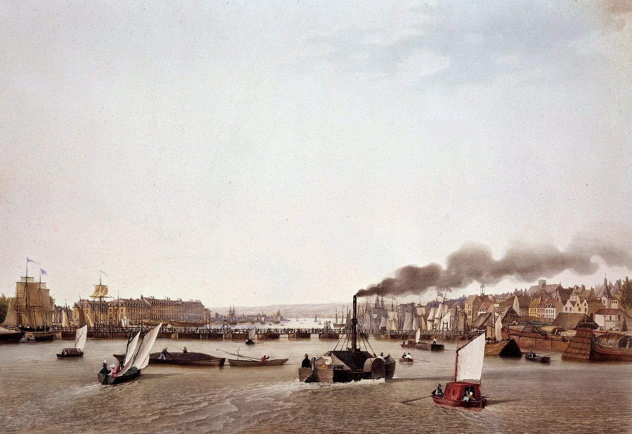 塞纳河到鲁昂的河流交通视图。 Ambroise Louis Garneray (1783-1857) 的水彩画，19 世纪巴黎，B.N. 作者 安布罗斯·路易斯·加内雷