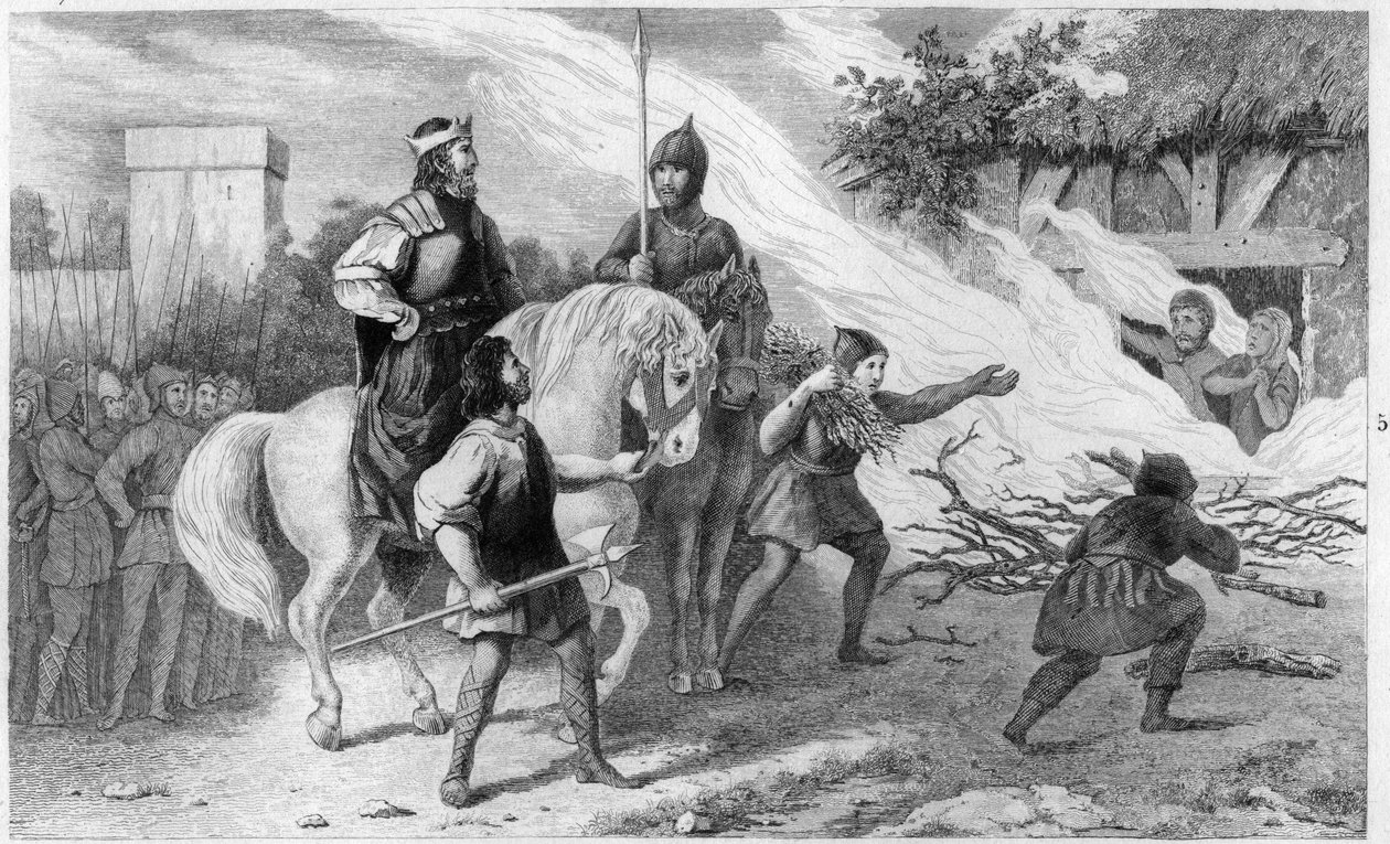 克洛泰尔一世（497-561）烧死了他的反叛的儿子和家人，560年--法兰西国王克洛泰尔（Clotaire）一世（497-561）在560年烧死了他的儿子Chramne（Chram，Chramn）和他的妻子，他们反叛了他--1825年在《法国历史代表》中的版画。 作者 安布罗斯·塔迪厄（Ambroise Tardieu）