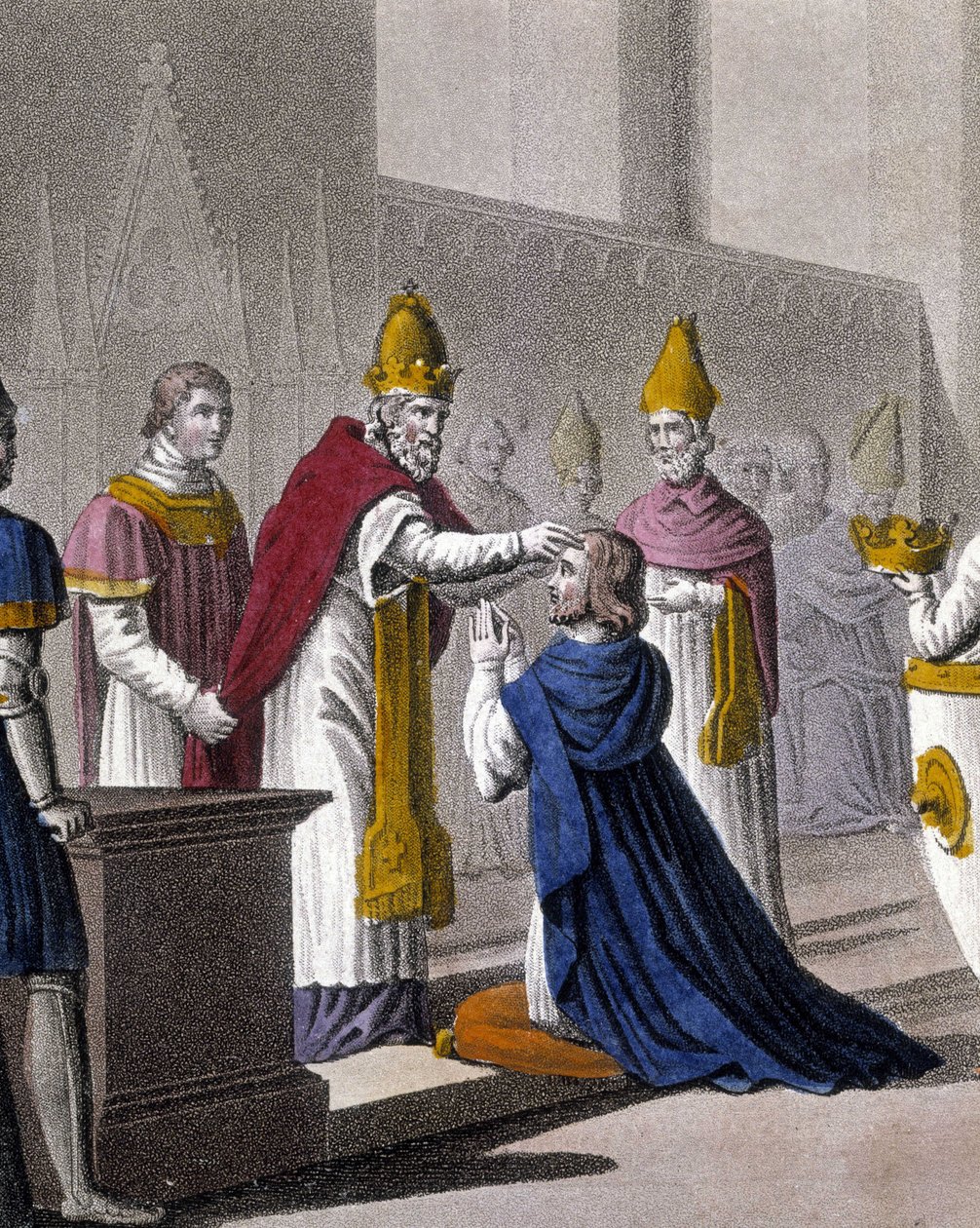 路易二世于879年由约翰八世在特鲁瓦会议上第二次被祝圣（33595的细节）。1825年由安布罗伊斯-塔迪厄设计和雕刻。 作者 安布罗斯·塔迪厄（Ambroise Tardieu）