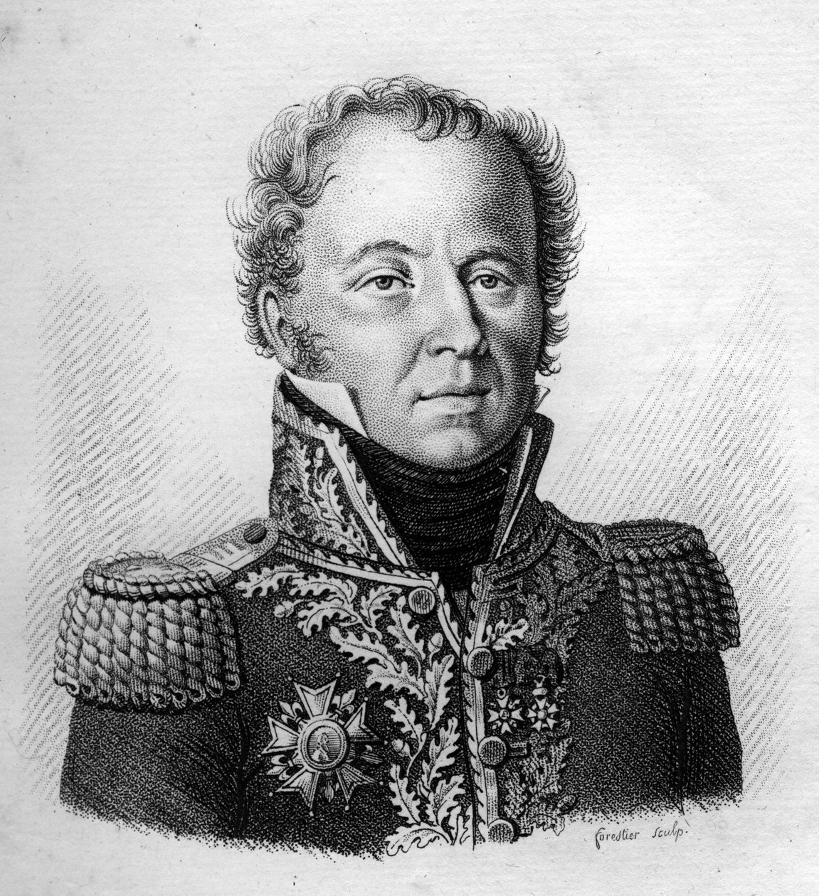 路易-埃马纽埃尔（Louis-Emmanuel）-雷伊男爵（1768-1846）少将的肖像--载于 "Portraits des generaux francais en suite les victoires et conquetes des Francais"。Ambroise Tardieu于1818年雕刻的。Stella系列。 作者 安布罗斯·塔迪厄（Ambroise Tardieu）
