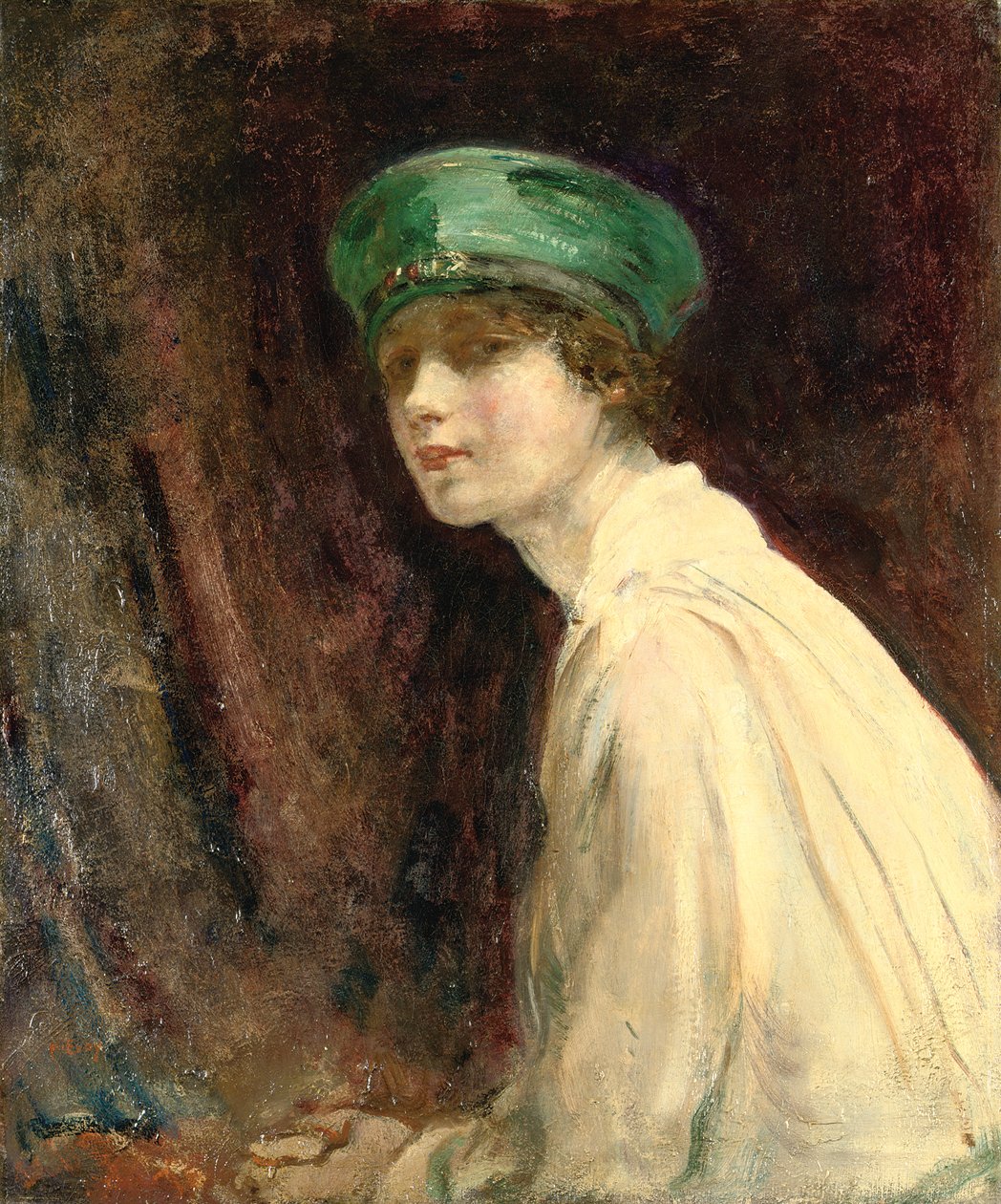 “绿帽子”，克劳德·约翰逊夫人的肖像，1918年 作者 安布罗斯·麦克沃伊