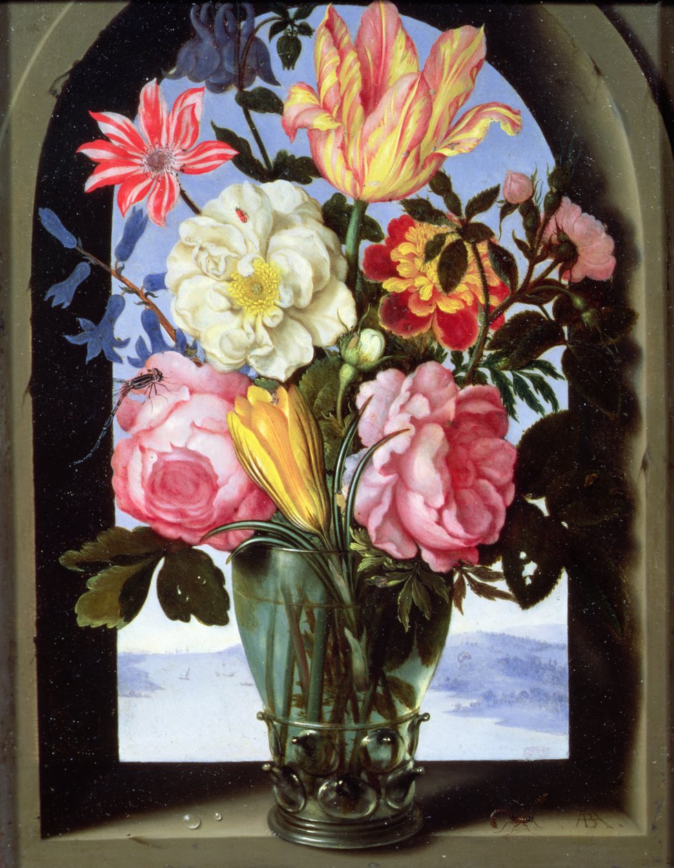 花静物画在一个水杯的 作者 安布罗修斯长老 Bosschaert