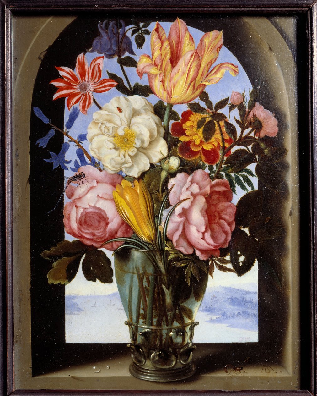 石头框架中的花束，打开后是一幅风景画 安布罗休斯-博舍尔（1573-1621）的画作 作者 安布罗修斯长老 Bosschaert