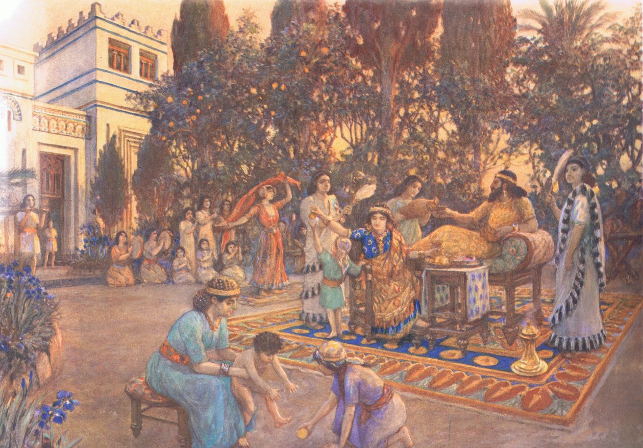 巴比伦的家庭生活，来自MacMillan学校海报，c.1950-60s 作者 阿梅迪·福雷斯蒂尔