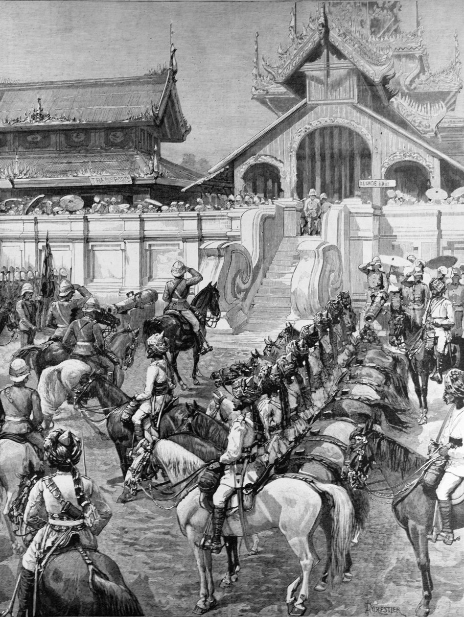 我们在缅甸的部队：在1887年1月8日的“伦敦新闻报”中，在宫殿东门的曼德勒接待F.罗伯茨将军 作者 阿梅迪·福雷斯蒂尔