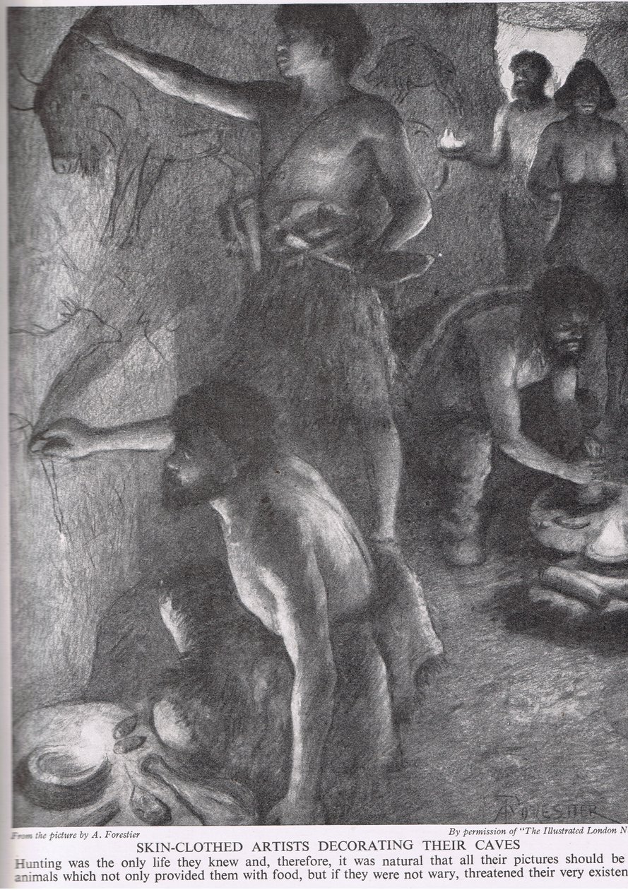 穿着皮衣的艺术家装饰他们的洞穴，插图来自“英国人的故事”，1950年 作者 阿梅迪·福雷斯蒂尔
