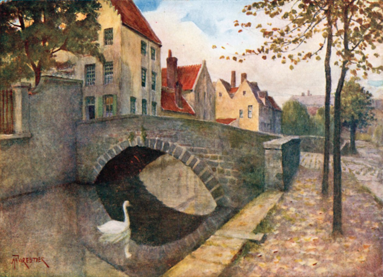 布鲁日 Quai des Marbriers（彩色石版画） 作者 Amedee（之后）Forestier