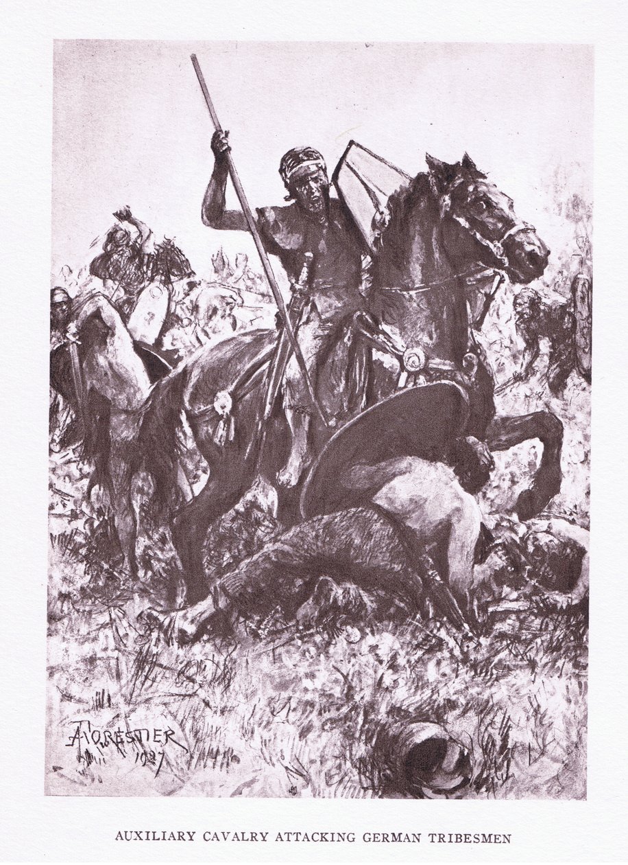 辅助骑兵攻击德国部落成员，插图来自罗马士兵，1928年 作者 阿梅迪·福雷斯蒂尔