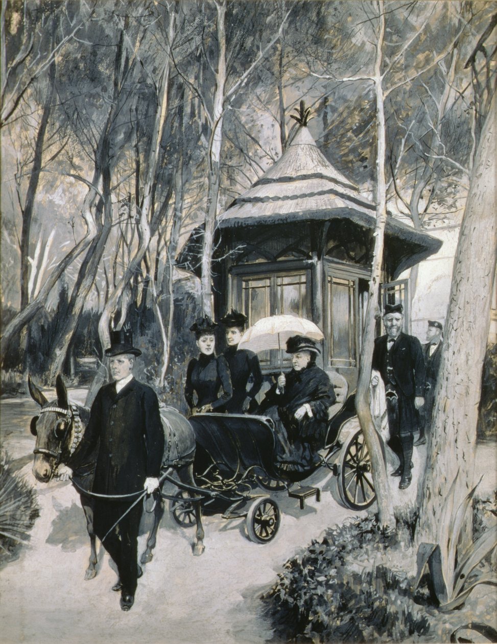 维多利亚女王乘坐骡子车，约翰-布朗出席（格子画）。 作者 阿梅迪·福雷斯蒂尔