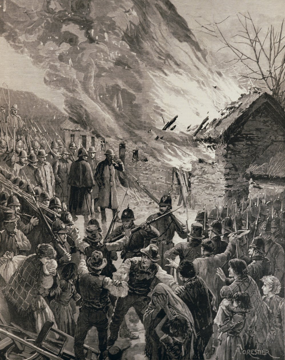 爱尔兰的租赁战争：在1847年1月29日的“伦敦新闻报”中烧毁德里郡格伦贝格的被驱逐房屋 作者 阿梅迪·福雷斯蒂尔