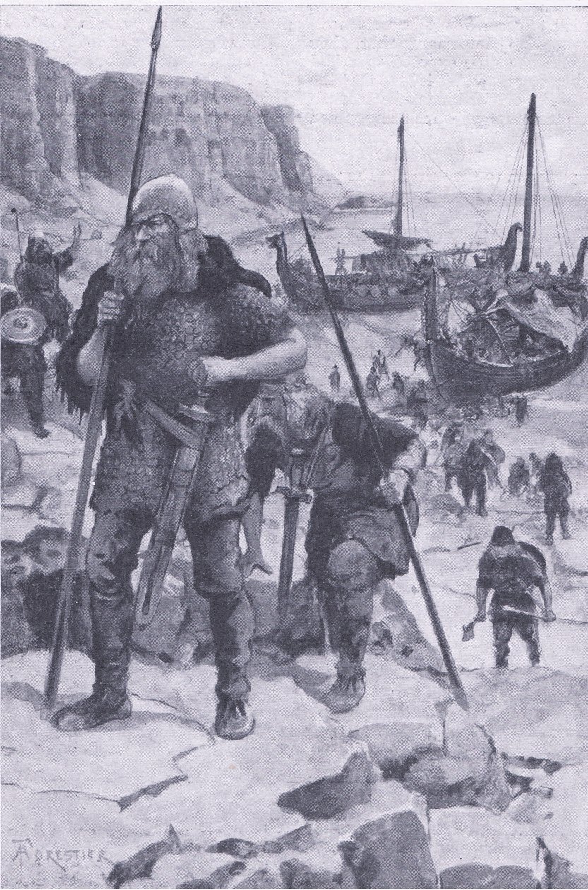 维京人发现美国，来自《我的杂志》，1922年出版（石印）。 作者 阿梅迪·福雷斯蒂尔