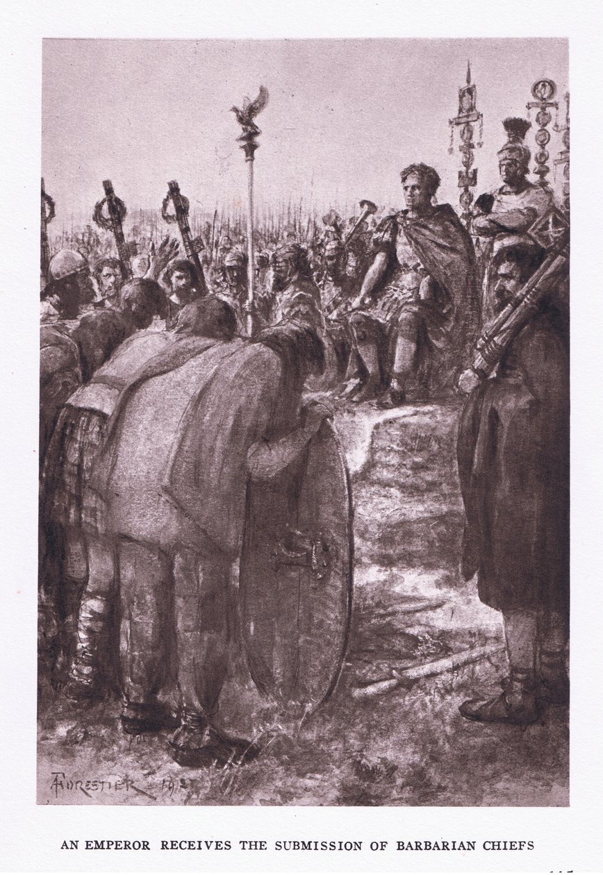 皇帝收到野蛮人酋长的提交，1928年罗马士兵的插图 作者 阿梅迪·福雷斯蒂尔
