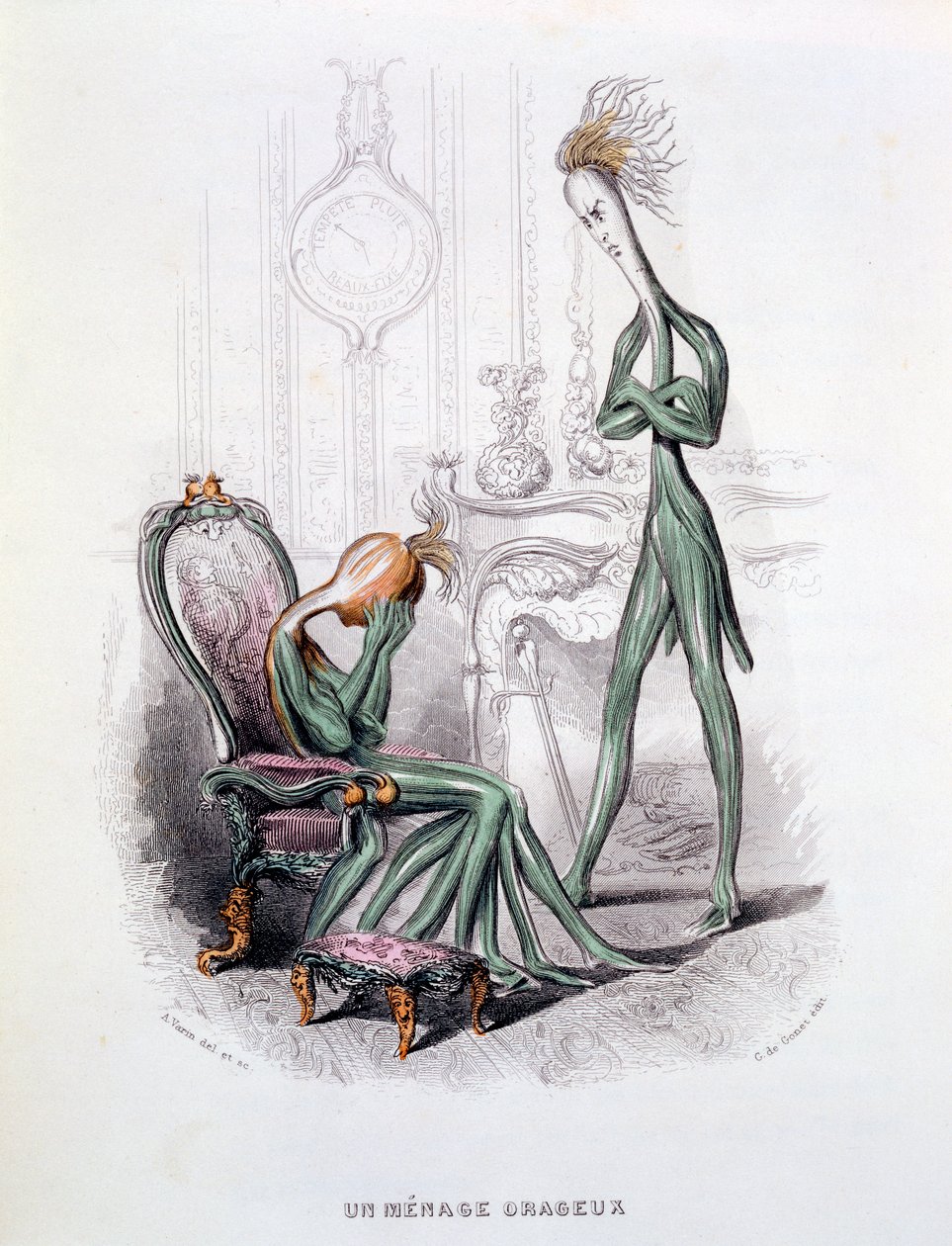 风雨如磐的家庭，插图来自&39;L&39;Empire des Legumes Memoires de Curcurbitus&39;，1851年出版（手工彩色雕刻） 作者 阿米迪·瓦林（Amedee Varin）