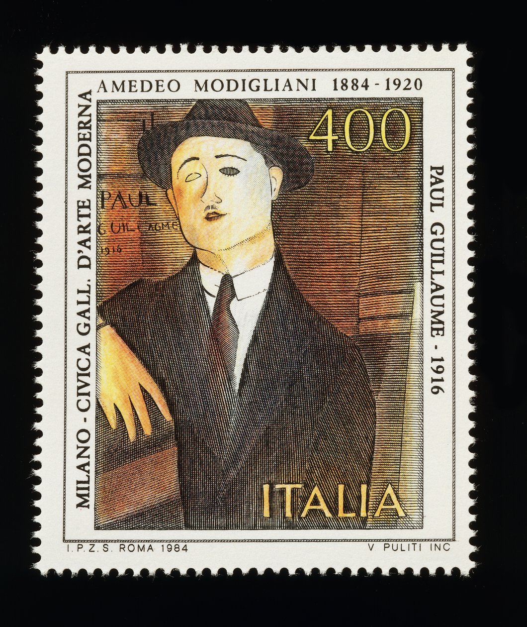 意大利艺术系列的邮票，纪念Amedeo Modigliani (1884-1920)，描绘Paul Guillaume的肖像(1916)，400里邮票 作者 莱拉（当代艺术家）沙瓦