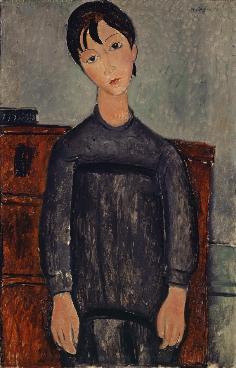 站立在黑围兜的女孩，1918年 作者 阿梅代奥·莫迪利亚尼